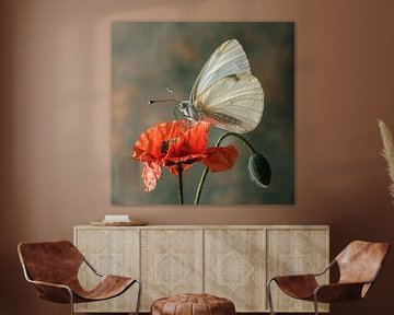 Witte vlinder op rode klaproos van Carla van Zomeren