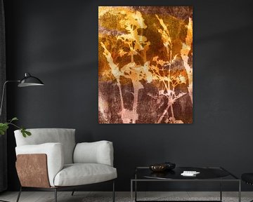 Modern abstract botanical. Flowers and grasses in gold and warm brown by Dina Dankers