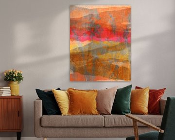 Modern abstract botanical. Flowers in warm grey on neon pink, yellow, orange by Dina Dankers