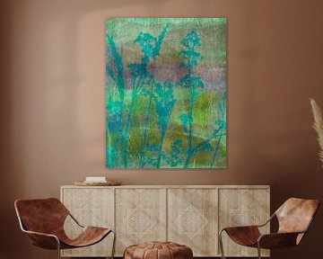 Modern abstract botanical. Meadow flowers in green, blue and purple by Dina Dankers