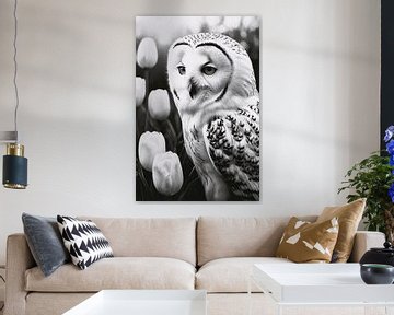 White Owl and Tulips in Monochrome van De Muurdecoratie