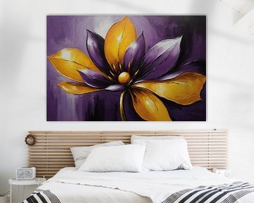 Fleur élégante violette et jaune en fleur sur De Muurdecoratie