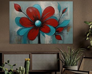 Impression d'une fleur rouge avec des feuilles turquoises sur De Muurdecoratie