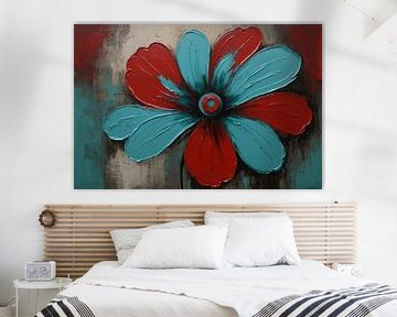 Tableau abstrait de fleurs turquoise et rouges sur De Muurdecoratie