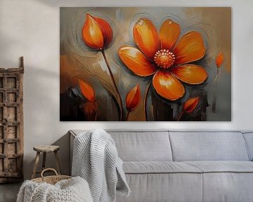 Orange Flower Impression in Oil Painting by De Muurdecoratie