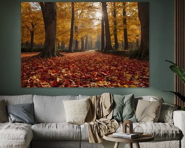 Herbstblätter und Sonnenstrahlen im Wald von De Muurdecoratie