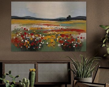 Impressionistisches Blumenfeld bei Sommer-Sonnenuntergang von De Muurdecoratie