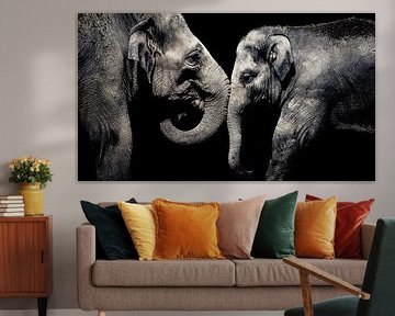 Elefantenbegegnung von Eltern und Kalb schwarz-weiß von Rutger Haspers