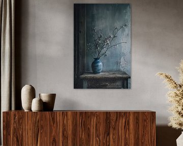 Nature morte Retro | Vase bleu sur une vieille table hoiten sur Digitale Schilderijen