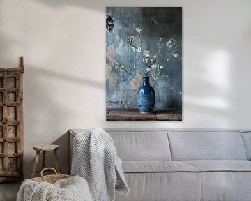 Stilleben mit blauer Vase auf altem Holztisch von Digitale Schilderijen