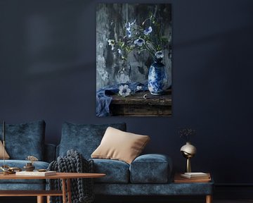 Retro-style Still Life. Blue Vase on Old Wooden Table