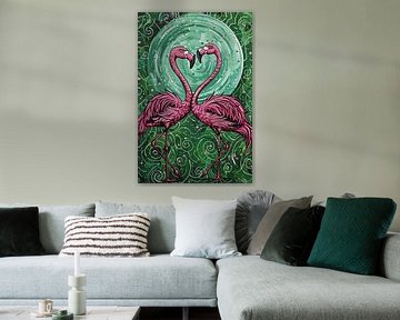 Flamingo Schilderij | Flamingo Whirl Love van Blikvanger Schilderijen