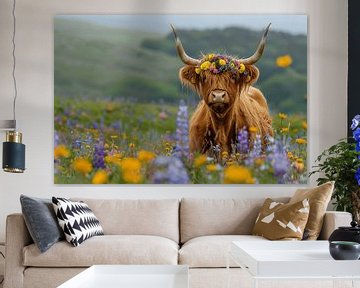 Flower crown highland cattle - Idyllic nature photography for the home by Felix Brönnimann