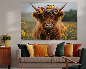 Flower crown highland cattle - Idyllic nature photography for the home by Felix Brönnimann