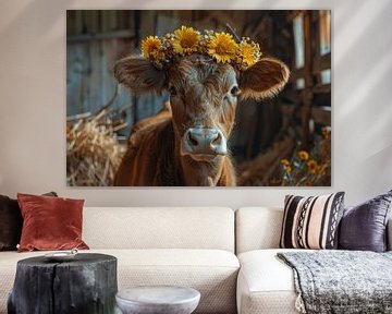 Kuhporträt mit Sonnenblumenkranz für rustikale Gemütlichkeit von Felix Brönnimann