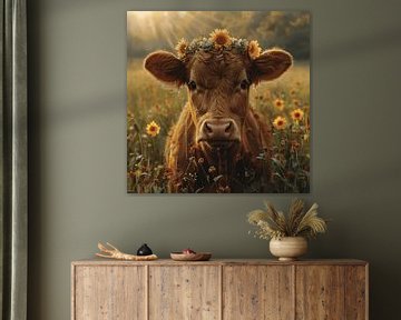 Portrait de vache avec couronne de tournesols pour un confort rustique sur Felix Brönnimann