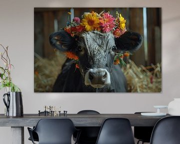 Portrait de vache avec couronne de tournesols pour un confort rustique sur Felix Brönnimann