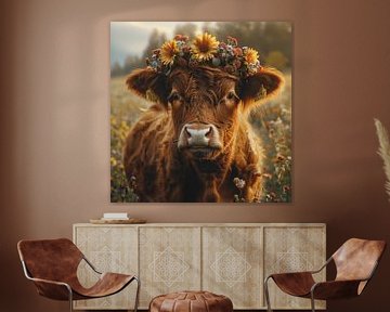 Koeienportret met zonnebloemkrans voor rustieke gezelligheid van Poster Art Shop