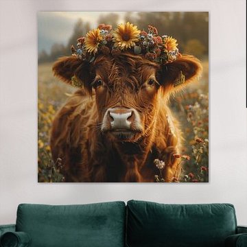 Cow portrait with sunflower wreath for rustic cosiness by Poster Art Shop
