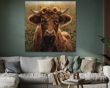 Portrait de vache avec couronne de tournesols pour un confort rustique sur Felix Brönnimann