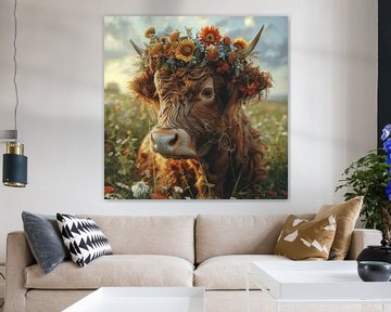 Portrait de vache avec couronne de tournesols pour un confort rustique sur Felix Brönnimann