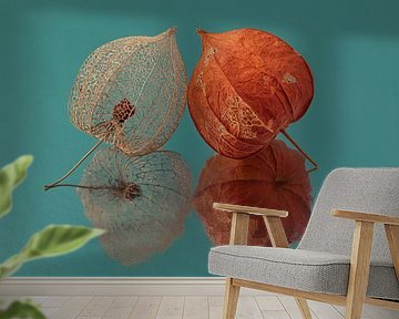 So happy together: Two lanterns together with turquoise / petrol background by Marjolijn van den Berg