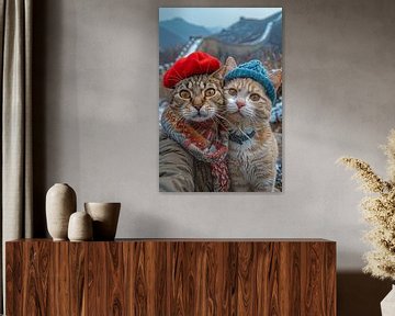 Katten selfie bij de Grote Muur - grappige katten van Poster Art Shop