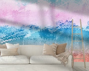 Colorful abstract landscape in pink, blue, warm red.