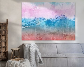 Kleurrijk abstract landschap in roze, blauw, warm rood. van Dina Dankers
