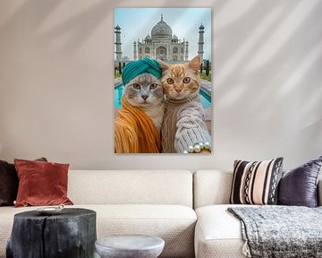 Monumentaal gemiauw: Elegant kattenpaar voor de Taj Mahal van Felix Brönnimann