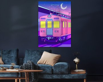 Japanse trein bij nacht, esthetische vaporwave
