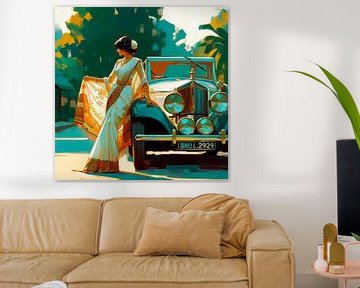 Woman in white and gold saree and old ford. by Ineke de Rijk