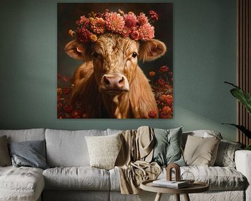 Cow with wreath of flowers Black Forest by Felix Brönnimann