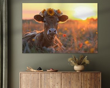 Magie du coucher de soleil - Portrait de vache dans un champ de tournesols sur Felix Brönnimann