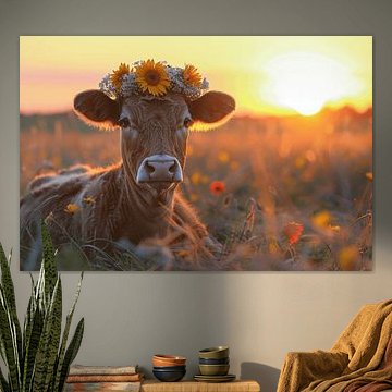Magie bij zonsondergang - Koeienportret in het zonnebloemveld