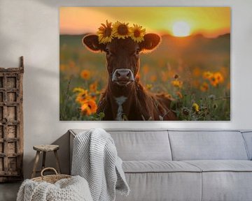 Magie du coucher de soleil - Portrait de vache dans un champ de tournesols sur Felix Brönnimann