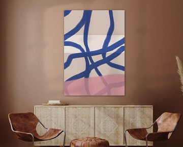 Abstracte vormen en lijnen in pasteltinten. Blauw, beige en roze.