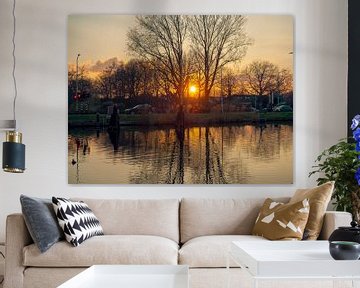 Soleil bas sur le village, les arbres se reflètent dans le canal sur Jan Willem de Groot Photography
