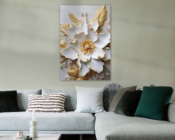 Fleur blanche avec feuilles d'or sur haroulita