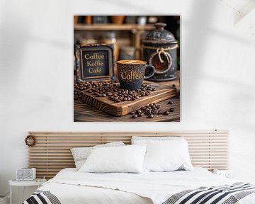 Kaffeetasse mit Kaffeebohnen auf Tablett in Kaffeebar
