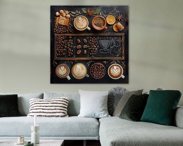 Poster mit Kaffeebohnen und Barista-Kunst