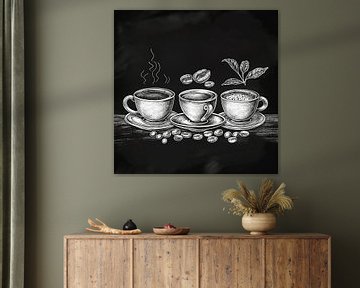 drawn poster of coffee cups in black and white by Margriet Hulsker