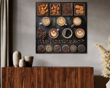 poster with coffee beans, coffee cups and barista art by Margriet Hulsker