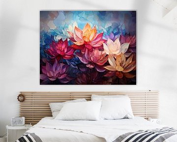 schilderij van kleurrijke waterlelies van Margriet Hulsker