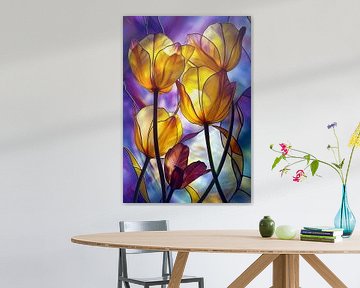 afbeelding van een glas in lood kunstwerk van tulpen in zonlicht van Margriet Hulsker