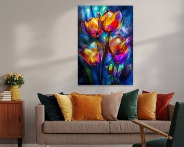 afbeelding van een glas in lood kunstwerk van tulpen in zonlicht