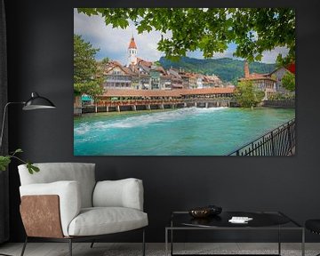 pictorial historic old town thun and wooden dam bridge Aare river by SusaZoom