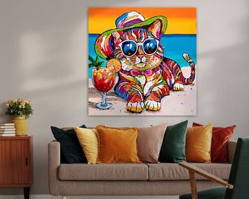 Chat cool sur la plage sur Happy Paintings