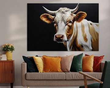 Vache au regard interrogateur sur fond noir sur De Muurdecoratie