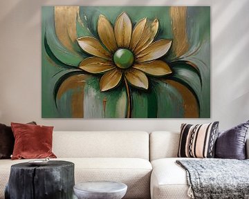 Golden Flower on Green Background by De Muurdecoratie